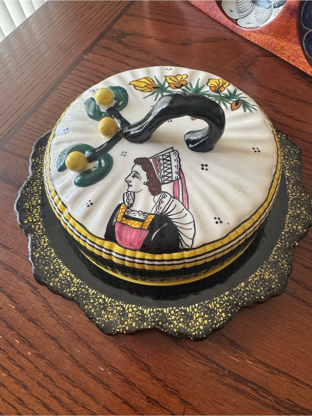 Vintage Henriot Quimper France Bretton Covered Cheese Butter Dish Signed 1930s